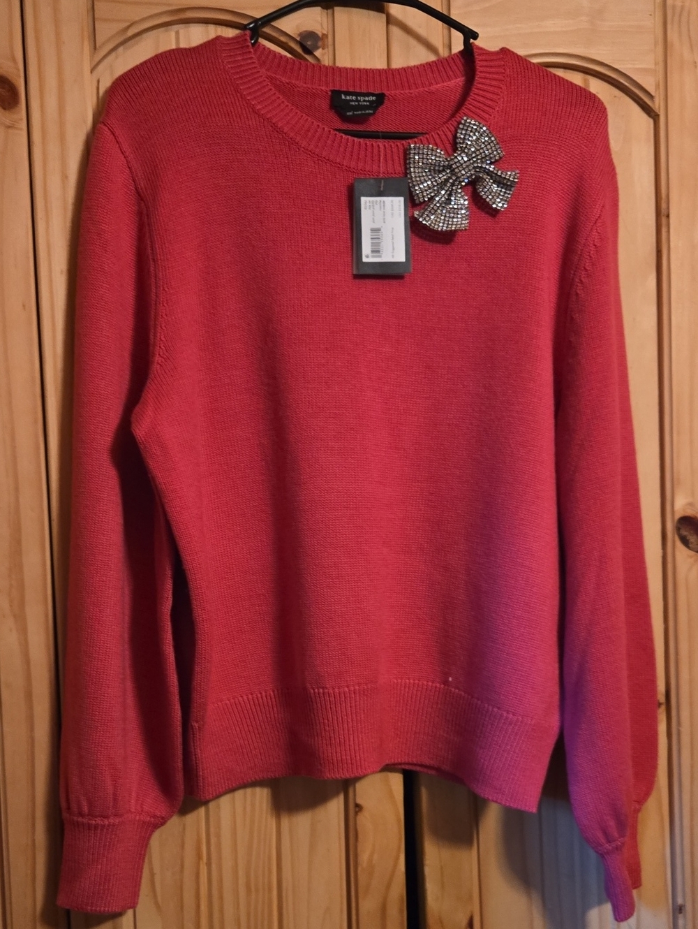 NWT Kate spade Bright Coral / Pink Crewneck Sweater with Rhinestone Bow Pin Xxl